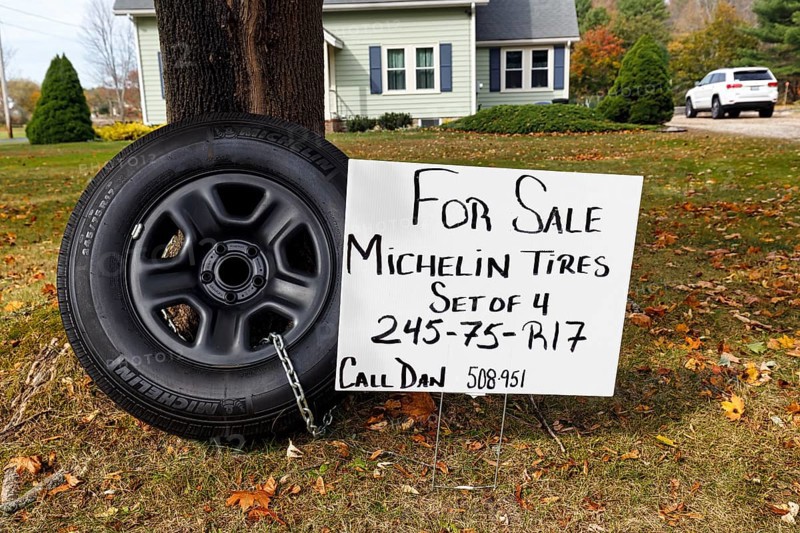 Michelin tires for off-road vehicles chained to tree sign for sale curbside front garden Ogunquit Maine New England USA