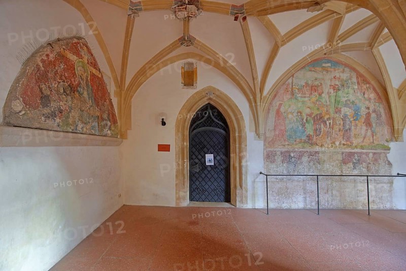 Gothic cloister with historic wall painting of the monastery church, Benedictine monastery built 15th century, interior view, Blaubeuren, Swabian Jura, Baden-Württemberg, Germany