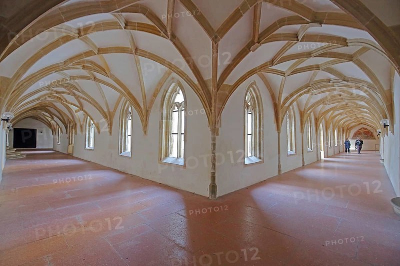 Gothic cloister of the monastery church, Benedictine monastery built in the 15th century, interior view, Blaubeuren, Swabian Jura, Baden-Württemberg, Germany
