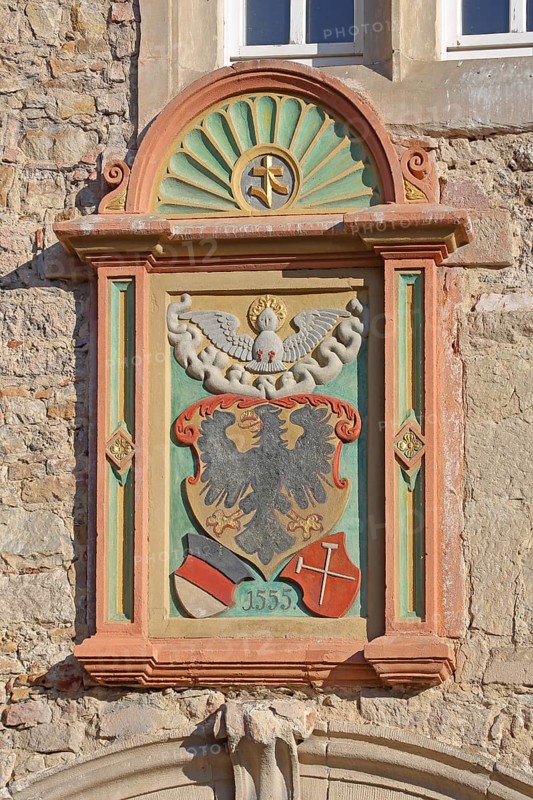 City coat of arms with date 1555, panel with decorations, detail, Spitalhof, market square, Reutlingen, Swabian Jura, Baden-Württemberg, Germany