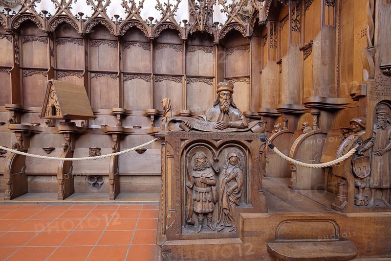 Late Gothic choir stalls from 1494 by sculptor and carpenter Jörg Syrlin the Younger, Ulm School, interior view, choir room, handicrafts, decorations, figures, wood carvings, monastery church, Benedictine monastery, Blaubeuren, Swabian Jura, Baden-Württemberg, Germany