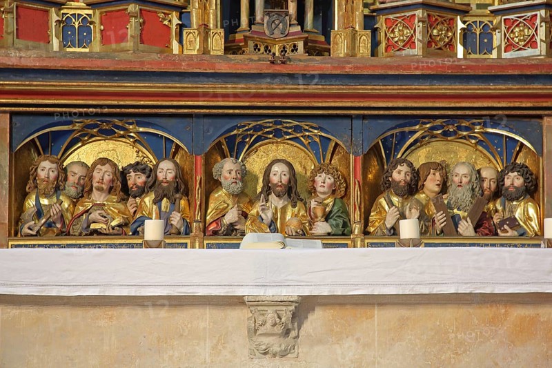 Late Gothic high altar built in 1494 by sculptor Jörg Syrlin the Younger of the Ulm School, Jesus and twelve apostles, evangelists, wood carvings, monastery church, interior view, winged altar, handicrafts, artwork, decorations, figurines, Benedictine monastery, Blaubeuren, Swabian Alb, Baden-Württemberg, Germany