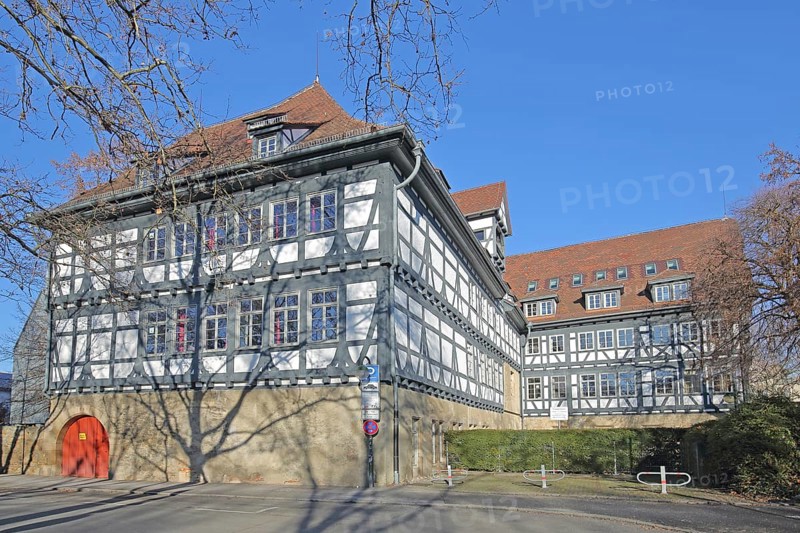 Historic half-timbered house built in 14th century and Friedrich-List-Gymnasium, Reutlingen, Swabian Alb, Baden-Württemberg, Germany