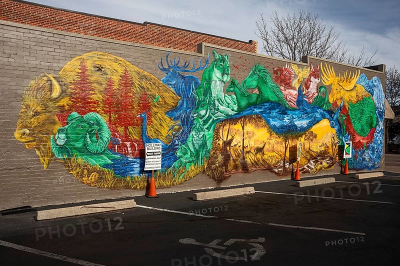 Arvada, Colorado - A mural showing Colorado wildlife on the Holliway Building in Old Town Arvada