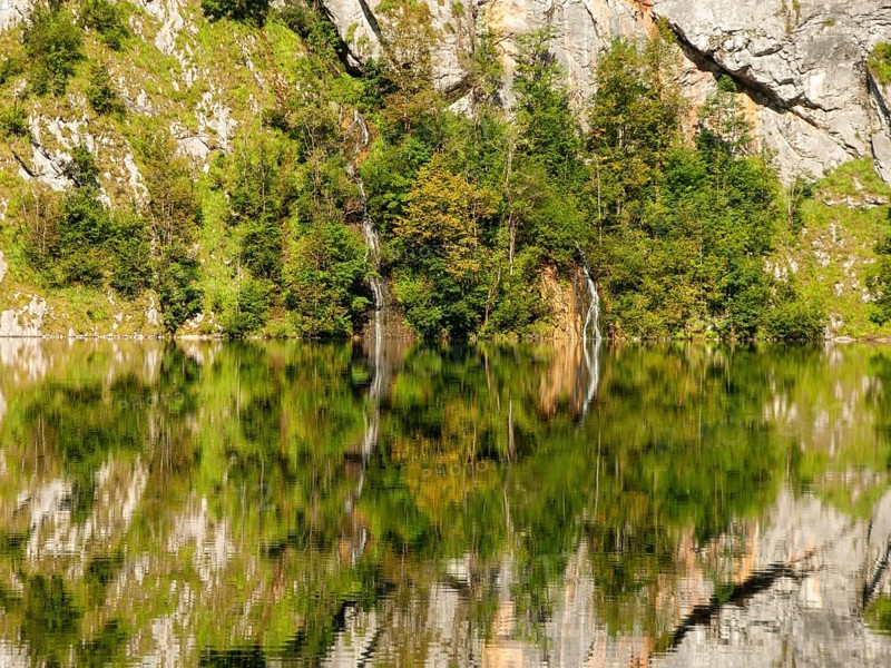Mountain forest, small waterfall and rock walls are reflected in Obersee, Berchtesgaden National Park, Bavaria, Germany