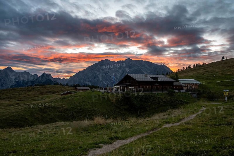 Sunset at Schutzhütte Gotzenalm with Watzmann Ostwand, Berchtesgaden National Park, Bavaria, Germany