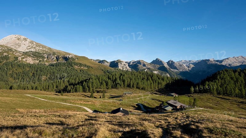 View across the Gotzenalm alpine pasture to the Kahlersberg, Teufelshörner, Hochkönig and Steinernes Meer mountains, Berchtesgaden National Park, Bavaria, Germany