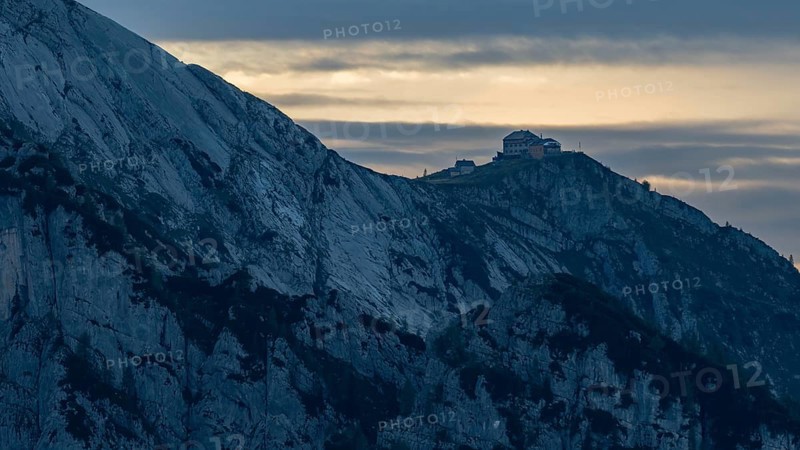 View of the Watzmannhaus refuge in the evening light, Berchtesgaden National Park, Bavaria, Germany