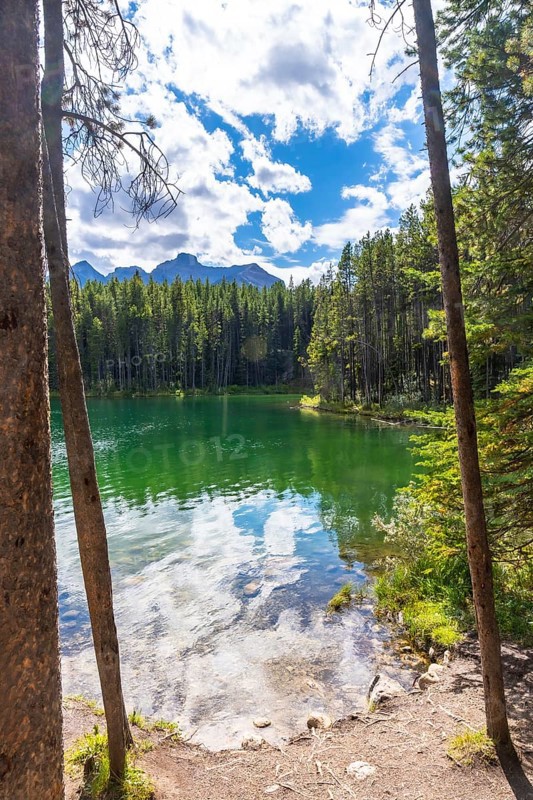Emerald green waters of herbert lake reflecting a cloudy blue sky and surrounding pine forest with rocky mountains in the background, banff national park, alberta, canada