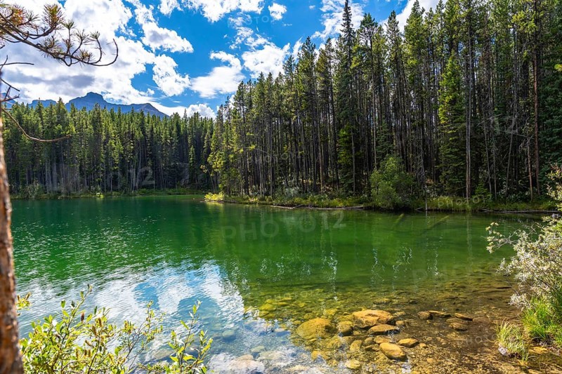 Emerald green waters of herbert lake reflecting the sky and surrounding forest on a beautiful summer day in banff national park, canadian rockies, alberta, canada