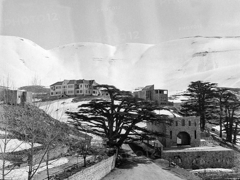 Buildings of Cedars Ski Resort, Bsharri, Kadisha Valley of Bsharre, Lebanon, Middle East c 1956 Cedars of God ancient cedar trees, Arz el-Rab, UNESCO site