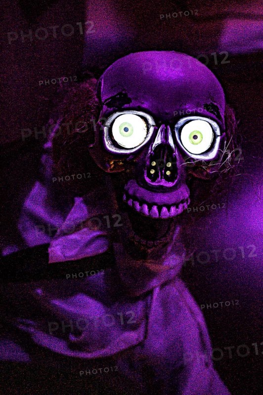 A scary skeleton with glowing eyes in purple lighting in an escape room, Lower Saxony, Germany