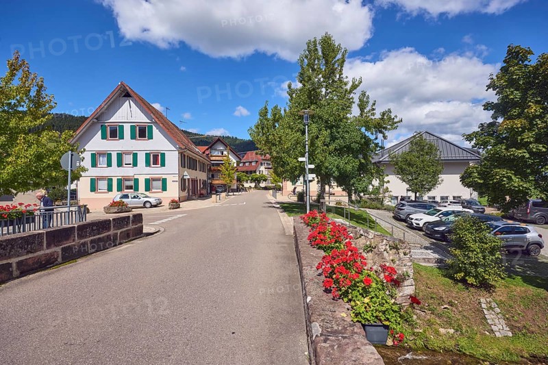 Car bridge and pedestrian bridge, sandstone, flower boxes, zonal geranium (Pelargonium hortorum), general architecture, buildings, houses, trees, meadow, hill, coniferous forest, car park with cars, blue sky, cumulus clouds, intersection main road with lower village, Hofstetten, Black Forest, Ortenaukreis, Baden-Württemberg, Germany