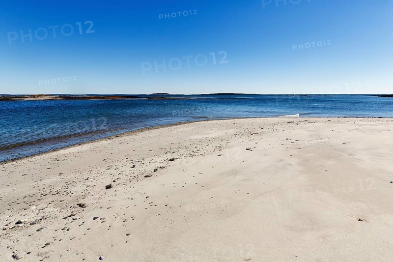 Shoreline with sandy beach, Cedar Beach, Harpswell, Cumberland County, Casco Bay, Atlantic Ocean, Maine, New England, USA