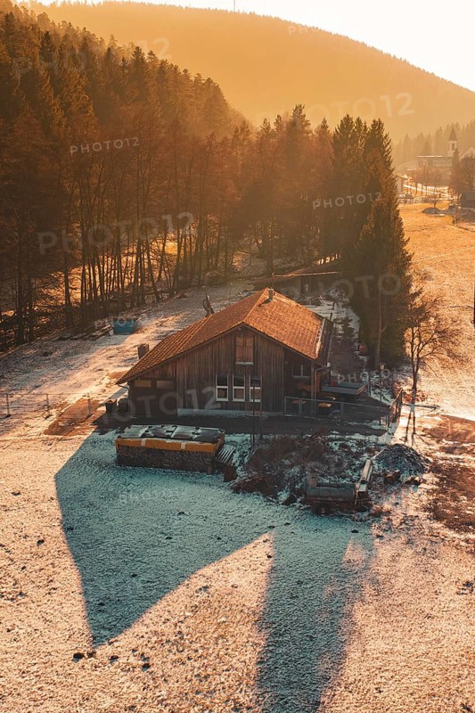 Wooden house on the edge of a forest whose shadows are cast in the snow by warm sunset light, Enzklösterle, Calw district, Germany