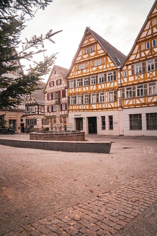Charming half-timbered houses surround a quiet square, relaxed atmosphere, Herrenberg, Böblingen district, Germany