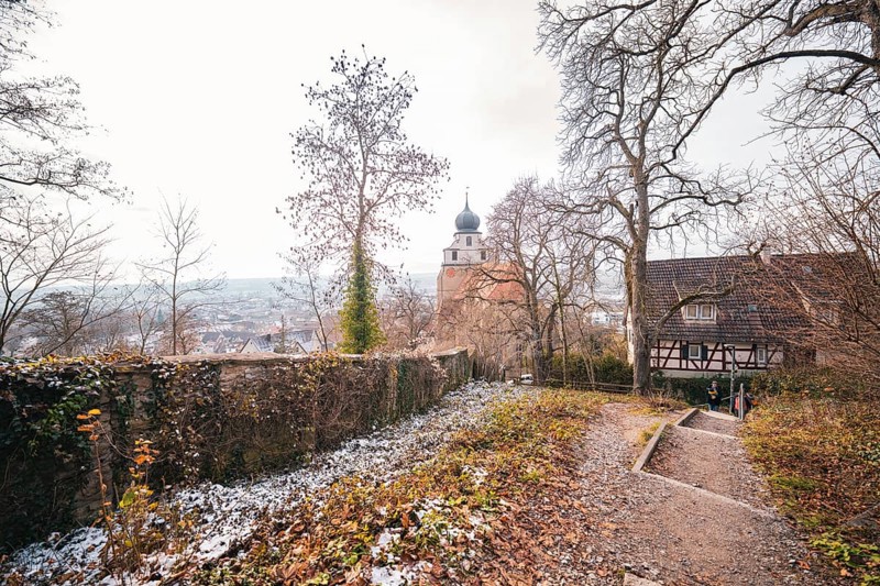 Winter trail with a view of a church tower and landscape, surrounded by bare trees, Herrenberg, Böblingen district, Germany