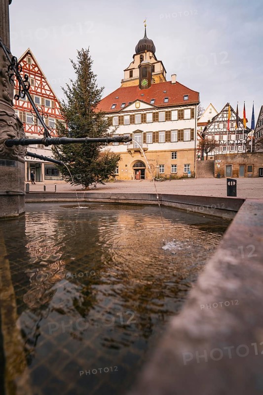 Historic townscape with half-timbered houses, a fountain and a decorated Christmas tree, Herrenberg, Böblingen district, Germany