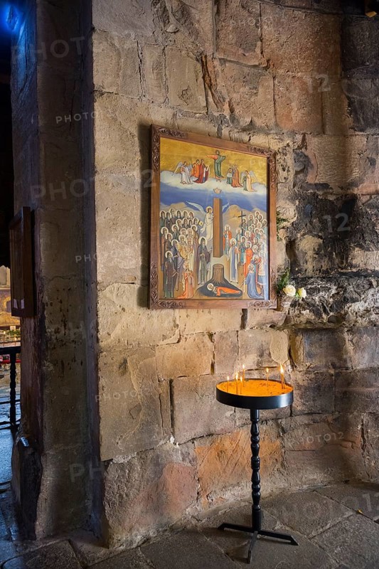 Religious icon on a stone wall with a burning candle in front of it, Javari Monastery, Dzhwari Church, Cross Monastery, UNESCO World Heritage Site, Mtskheta, Mtskheta, Mtskheta, Mtskheta-Mtianeti Region, Georgia