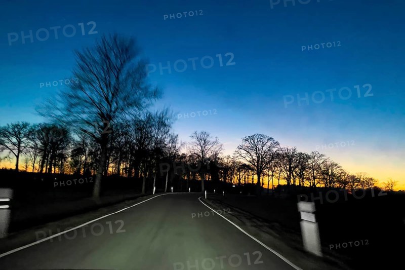 View from speeding speeding car at dusk at nightfall on a country road illuminated by headlights without a median strip with risk of game accident, Germany
