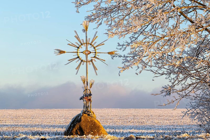 Field cross with corn, frost, hoarfrost, winter, Leibertingen, Upper Danube nature park Park, Baden-Württemberg, Germany