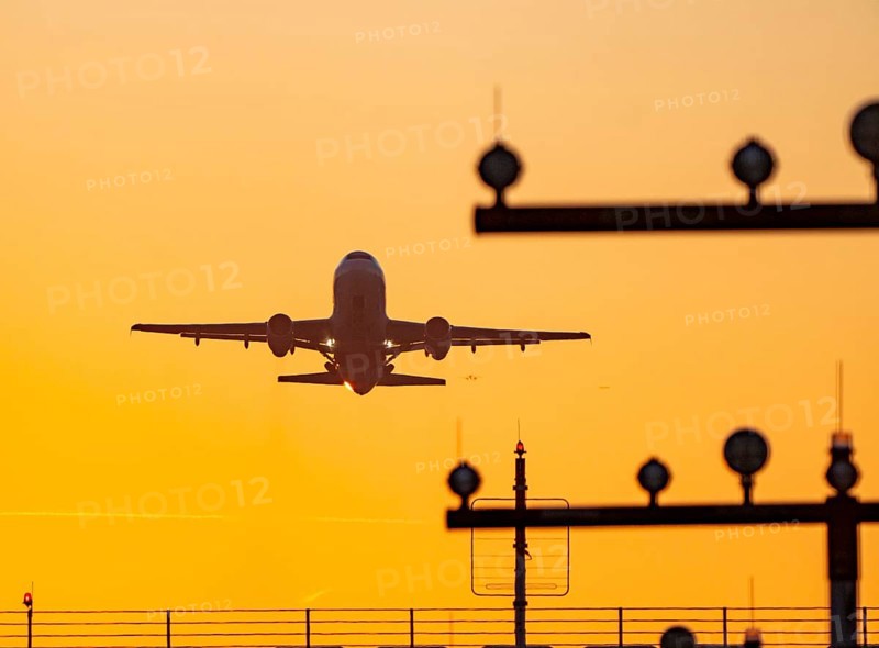 Runway lighting, approach aids, at Düsseldorf International Airport, sunset, aircraft taking off, Hauptbahn Süd, 05R/23L, North Rhine-Westphalia, Germany