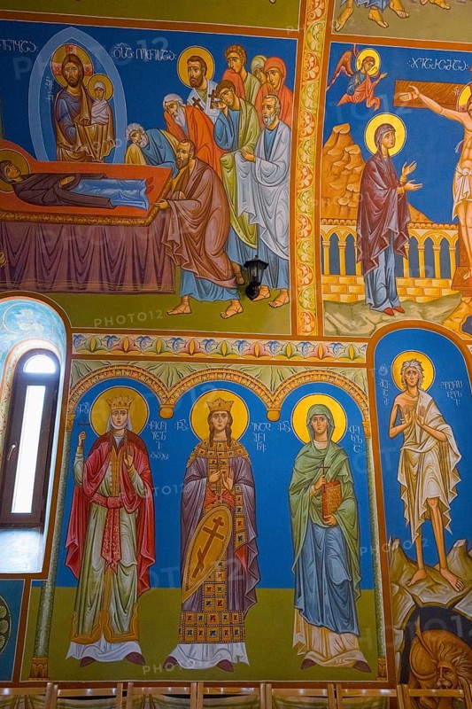 Detailed Orthodox frescoes depicting saints and religious scenes in vivid colors, St. Barbara Cathedral, Batumi, Black Sea, Ajara region, Adjara, Autonomous Republic, Georgia
