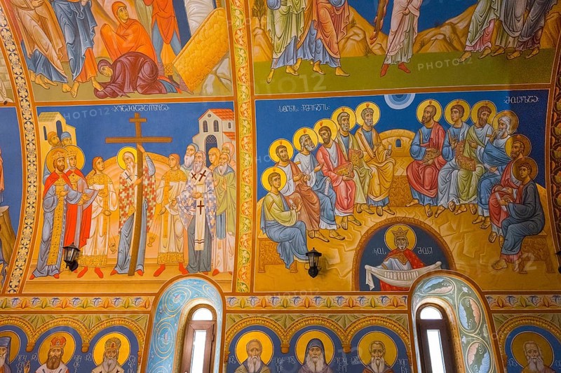 Frescoes in an Orthodox church depict saints and religious scenes in bright colors, St. Barbara Cathedral, Batumi, Black Sea, Ajara region, Adjara, Autonomous Republic, Georgia
