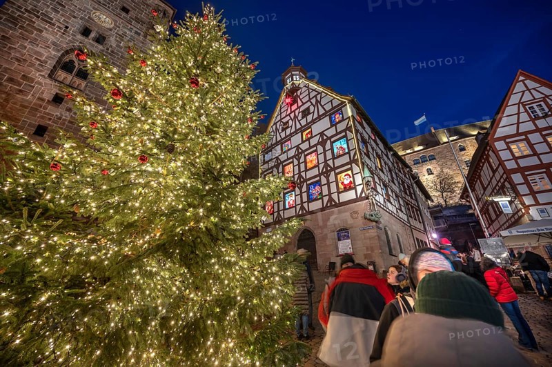 Illuminated Christmas tree with the historic Pilate House with advent calendar, in the evening lighting, the castle in the back, Beim Tiergärtnertor, Nuremberg, Middle Franconia, Bavaria, Germany