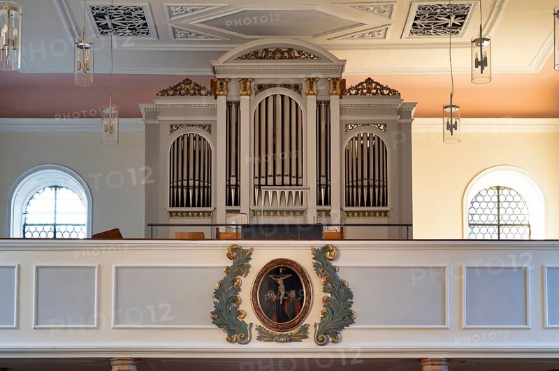 Interior photo, organ gallery, Saint Barbara Catholic Church from 1783, Hofen, Mühlhausen am Neckar district, Stuttgart, Baden-Württemberg, Germany