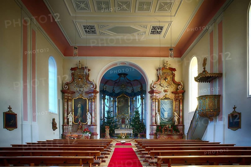 Interior view, nave and choir room, altar, Saint Barbara Catholic church from 1783, Christmas decoration, Baroque, Hofen, Mühlhausen am Neckar district, Stuttgart, Baden-Württemberg, Germany
