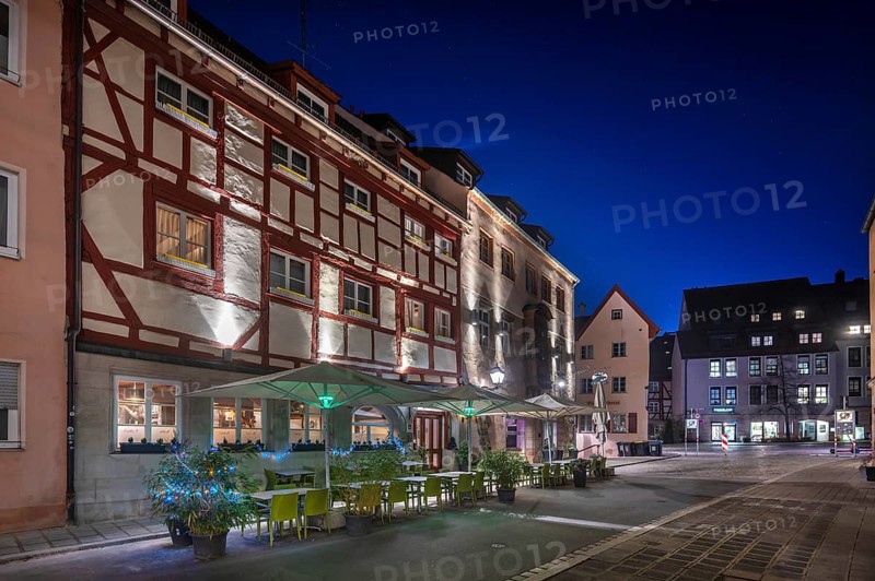Historic half-timbered houses in Irrerstraße in evening lighting, Nuremberg, Middle Franconia, Bavaria, Germany