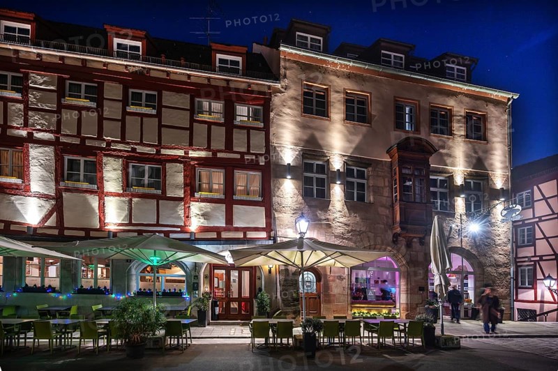 Historic residential buildings in Irrerstraße in evening lighting, Nuremberg, Middle Franconia, Bavaria, Germany