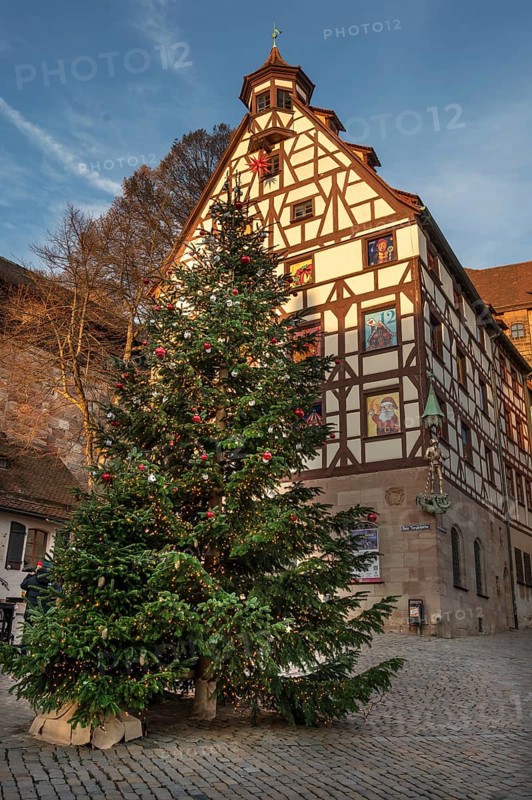 Decorated Christmas tree in front of the historic Pilate House with advent calendar in the evening sun, Beim Tiergärtnertor, Nuremberg, Middle Franconia, Bavaria, Germany