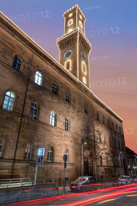 Fürth Town Hall in evening lighting, the tower, is imitated the tower of the Palazzo Vecchio in Florence, evening sky, Fürth, Middle Franconia, Bavaria, Germany
