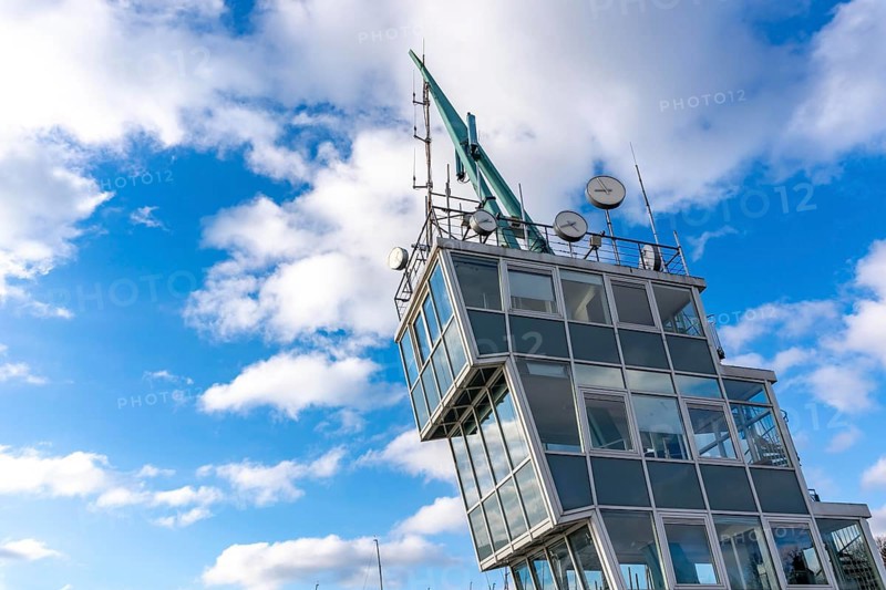 The regatta tower at Lake Baldeney in Essen, as part of the European Capital of Culture Year, RUHR.2010, on the roof of the regatta tower the art installation Time by artist Christoph Hildebrand, North Rhine-Westphalia, Germany