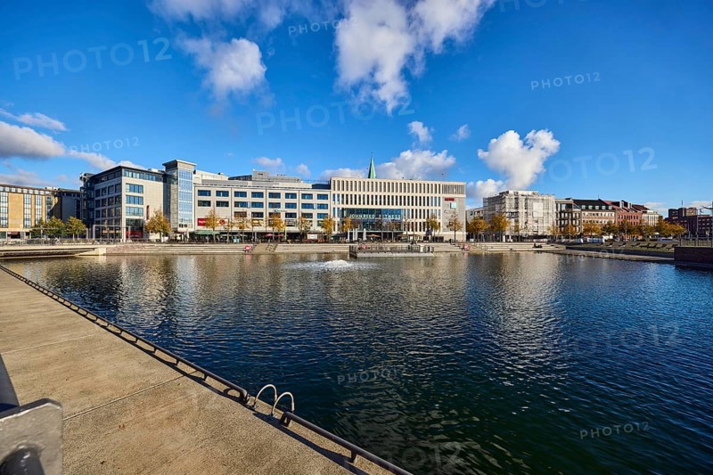 Boat harbor, water area, lake, general architecture, modern buildings, gym, John Reed Fitness, abstract reflections on the water surface, trees, blue sky, cumulus clouds, wall, quay road, Kiel, state capital, district-free city, Schleswig-Holstein, Germany