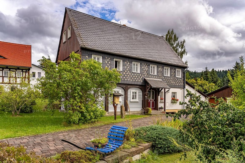 Typical half-timbered building near Jonsdorf, Zittau Mountains, Upper Lusatia, Saxony, Germany