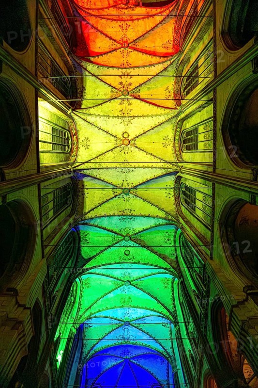 For the Lights On event at CSD Christopher Street Day 2025, the church ceiling of St. Marien will be illuminated with rainbow colors, St. Mary's Church in Lübeck, Schleswig-Holstein, Germany