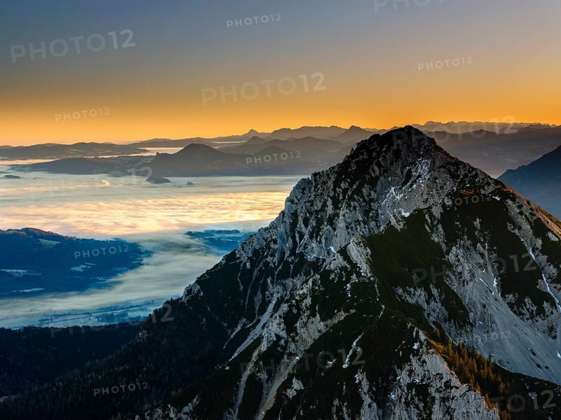 Sunrise in the mountains, view of Salzburg with fog, Hochstaufen, Zwiesel, Bad Reichenhall, Berchtesgadener Land, Upper Bavaria, Bavaria, Germany