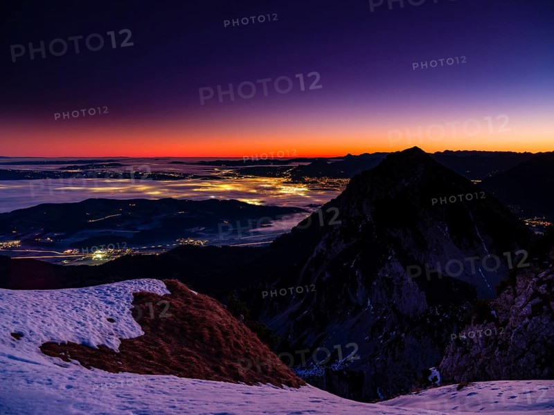 Dawn in the mountains, view of Salzburg with fog, Hochstaufen, Zwiesel, Bad Reichenhall, Berchtesgadener Land, Upper Bavaria, Bavaria, Germany