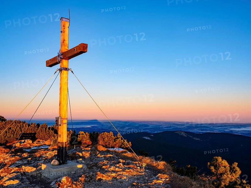 Sunrise at Zwiesel summit cross, Bad Reichenhall, Berchtesgadener Land, Upper Bavaria, Bavaria, Germany