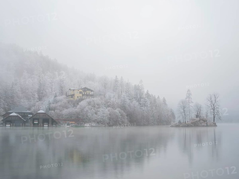 View across Königssee to boathouses, Christlieger island and frozen trees in fog, Schönau am Königssee, Berchtesgadener Land, Upper Bavaria, Bavaria, Germany
