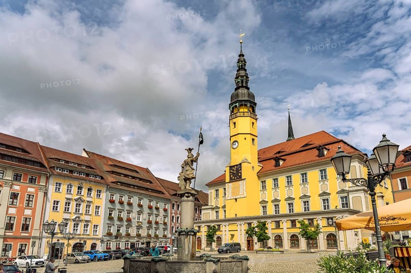Ritter-Dutschmann-Brunnen and Town Hall on the main market in Bautzen, Upper Lusatia, Saxony, Germany
