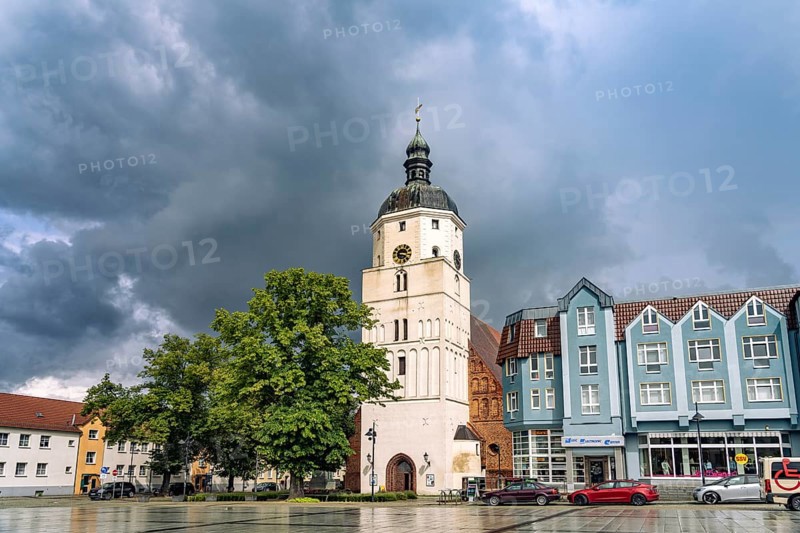 Market square and Paul-Gerhardt church in Lübben in the Spreewald, Brandenburg, Germany