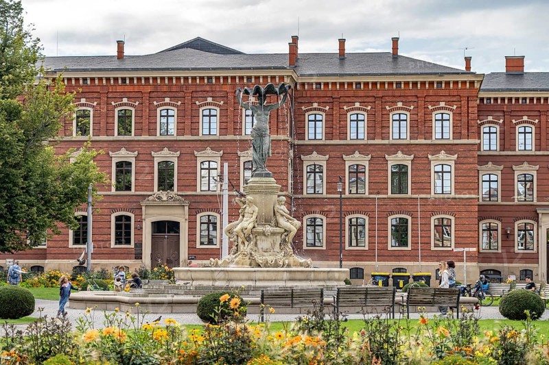 The Muschelminna fountain or Toberentzbrunnen at Postplatz in Görlitz, Upper Lusatia, Saxony, Germany