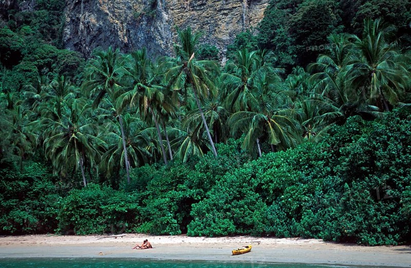 Palm trees, people, kayak, Ao Nang beach, two years in front of the tsunami, Krabi, Thailand, December 2002, vintage, retro, old, historic
