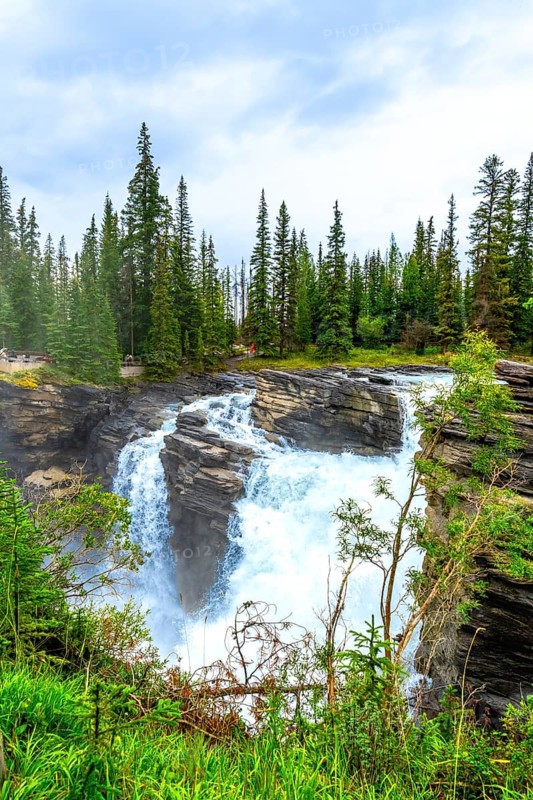 Powerful athabasca falls cascades over rocky cliffs in jasper national park, alberta, canada, surrounded by lush green forest and cloudy sky, creating a breathtaking natural landscape