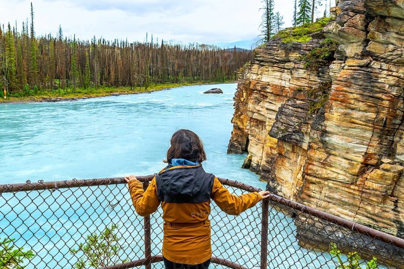 Tourist in a yellow jacket enjoying the breathtaking view of athabasca falls, surrounded by powerful turquoise waters, stunning rock formations, and lush pine forests