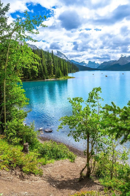 Canoes are paddling on a beautiful turquoise lake surrounded by lush green trees and mountains in jasper national park, alberta, canada, on a sunny summer day with white clouds
